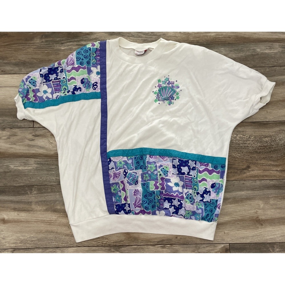 Vintage The American Collection White Sea Shell Fish‎ Short Sleeve 80s